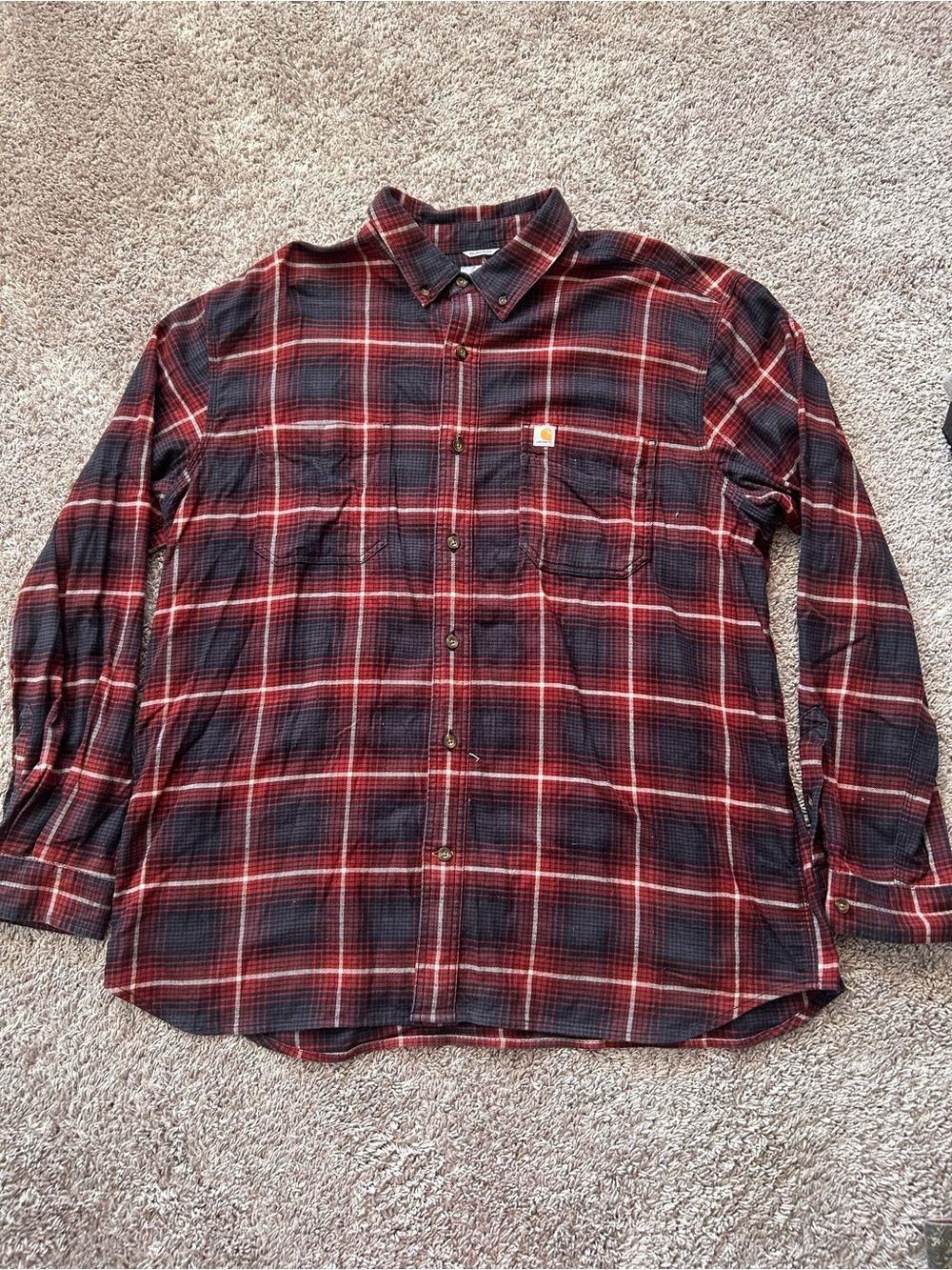 Carhartt Men’s Long Sleeve Plaid Flannel Button Down Shirt - Red/Black